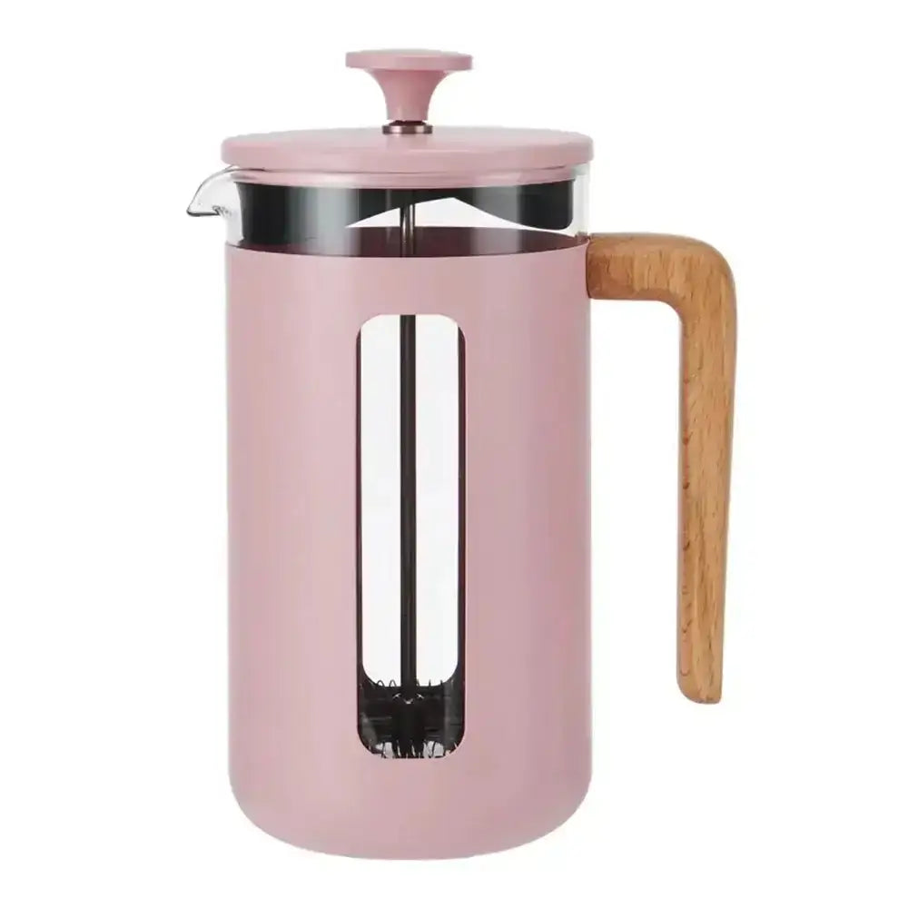 Pink French press coffee maker with a wooden handle on a white background