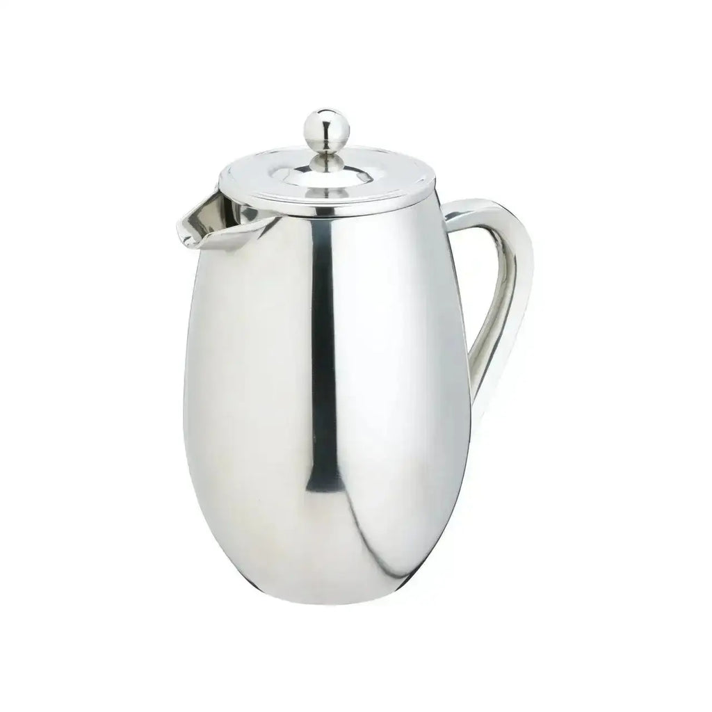 Shiny stainless steel La Cafetière double wall french press 3 cup with rounded body curved handle and spout