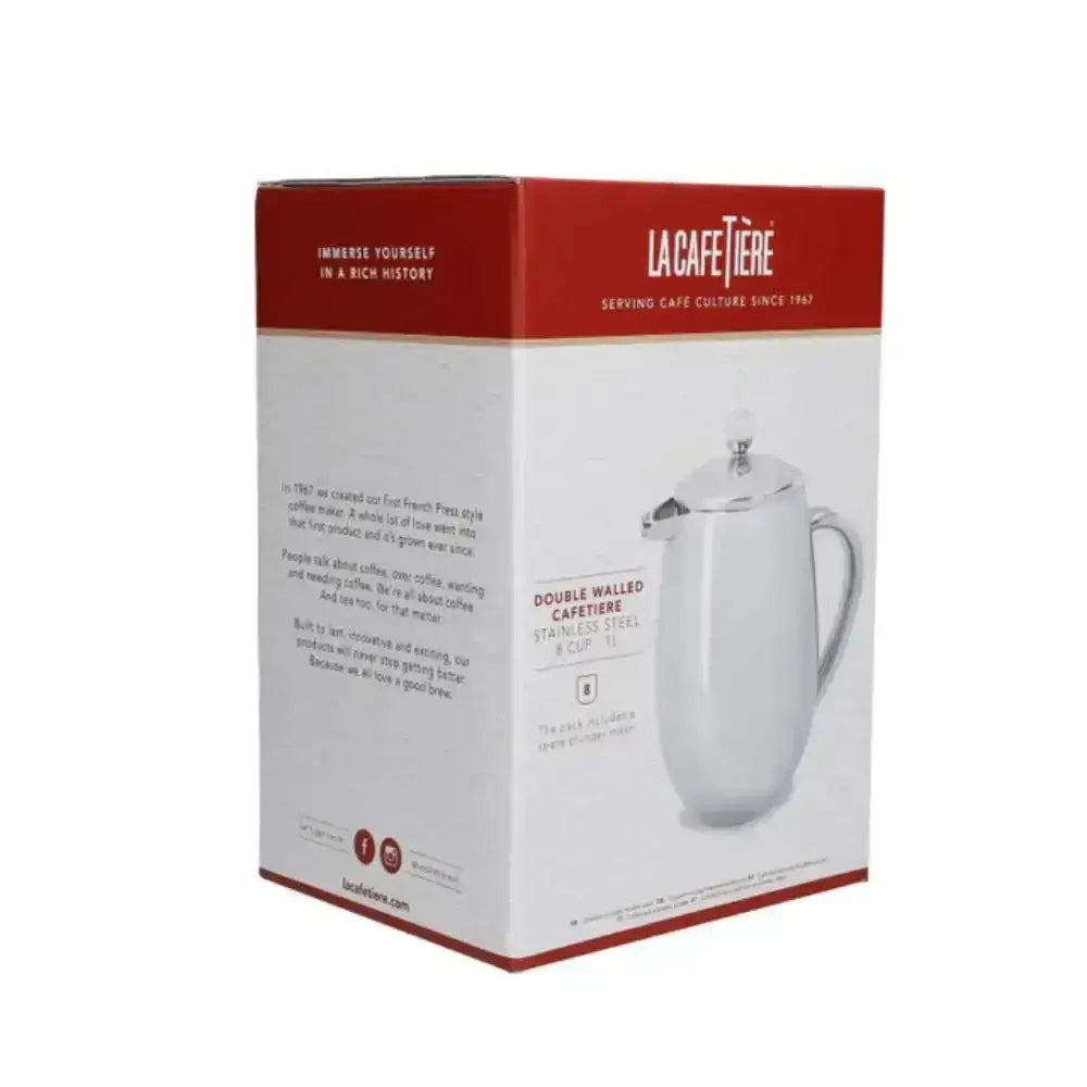 White stainless steel double-walled 8 cup french press with silver lid and handle branded la cafetière