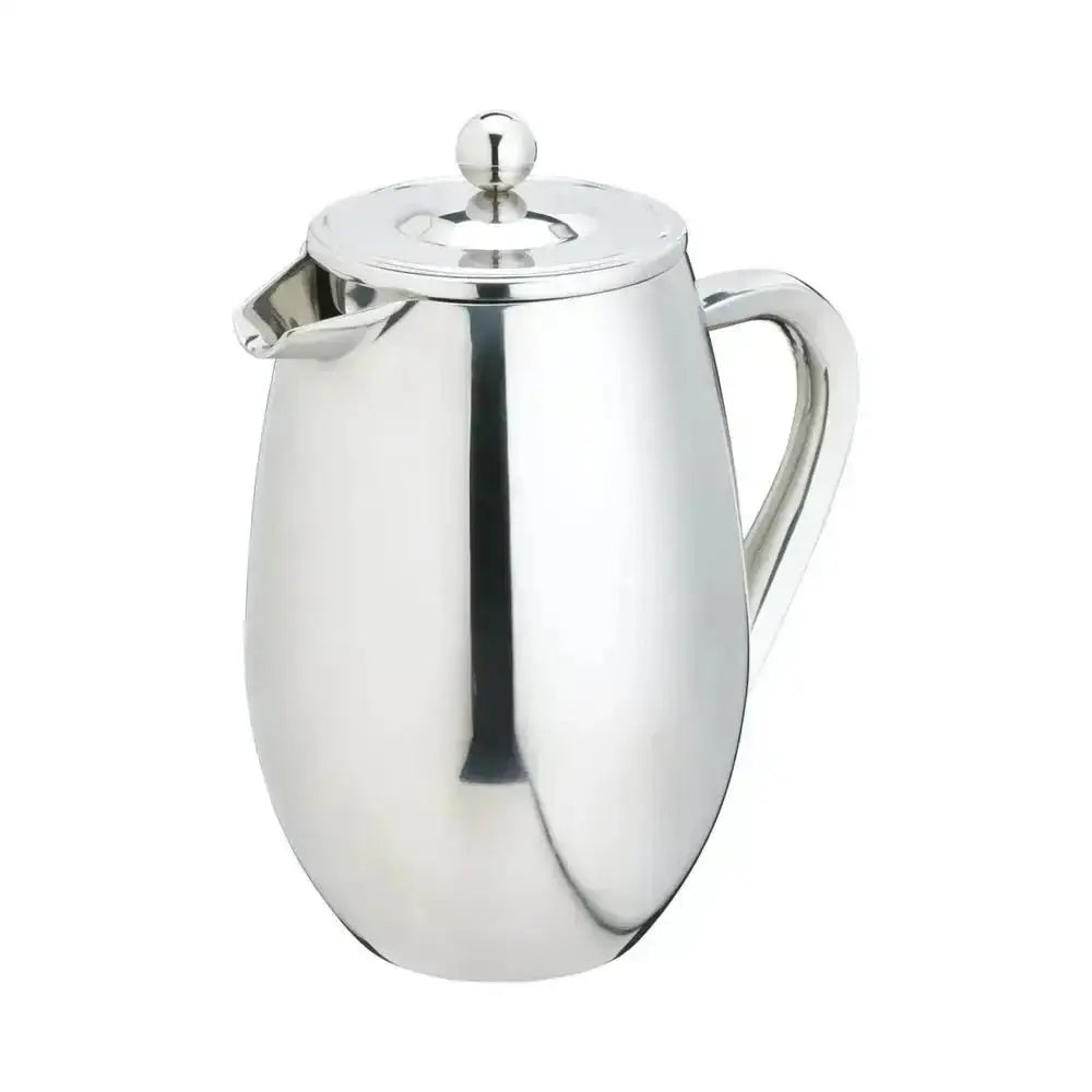 Shiny stainless steel double wall french press 8 cup with rounded body curved handle and spout by la cafetière