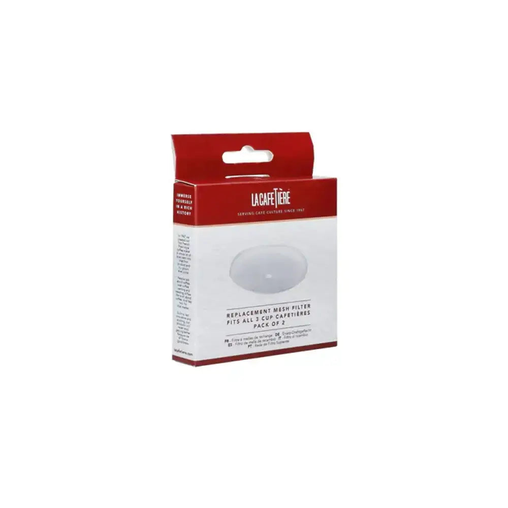 Replacement mesh filter packaging with La Cafetiere branding on a white background