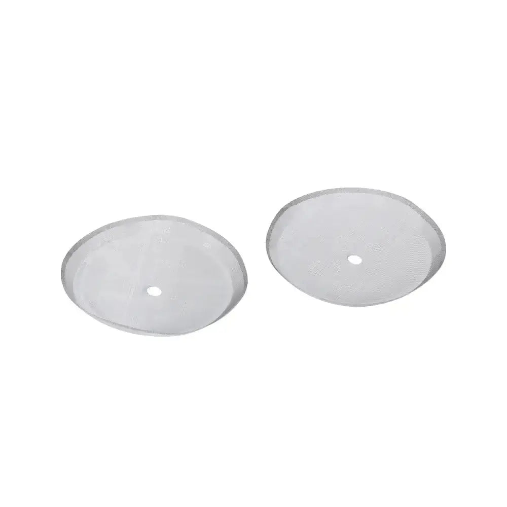 Two white circular objects with small holes on a white background