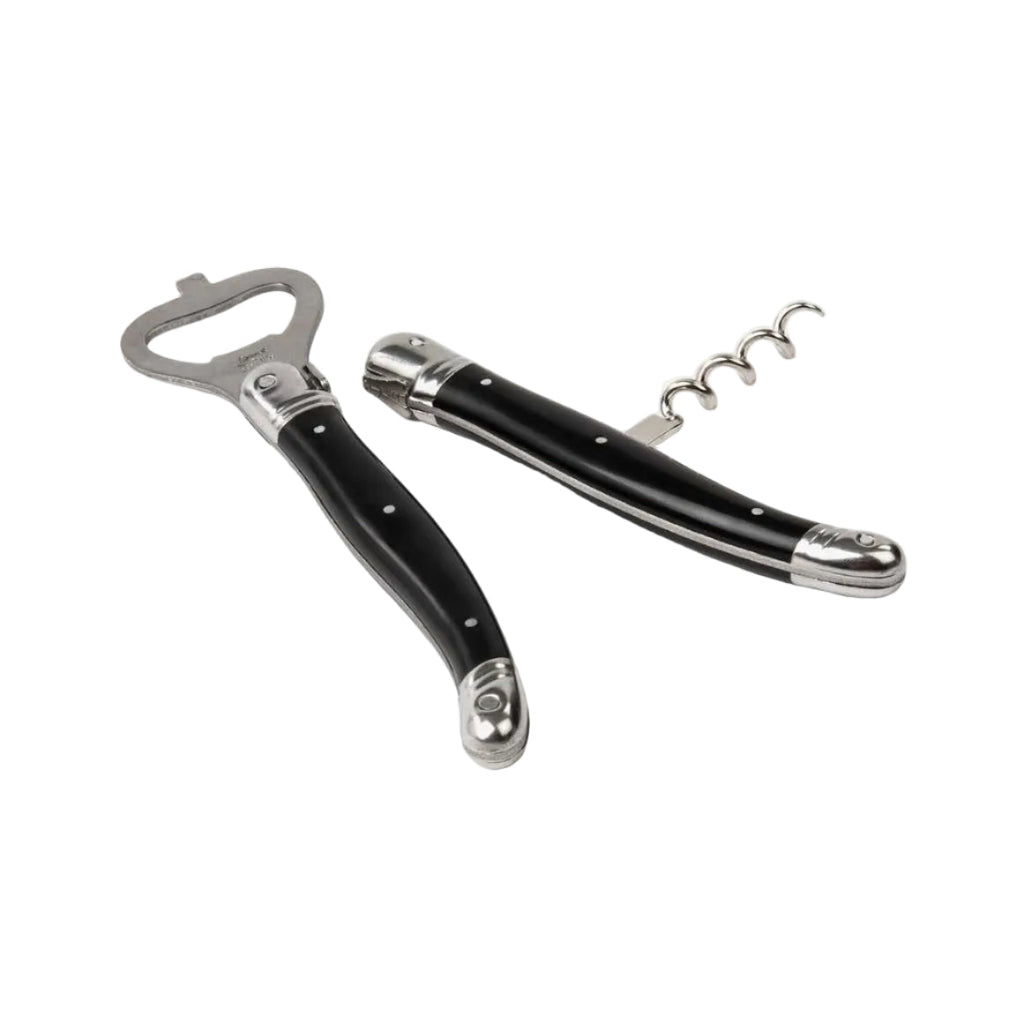 Black bottle opener and corkscrew on a white background