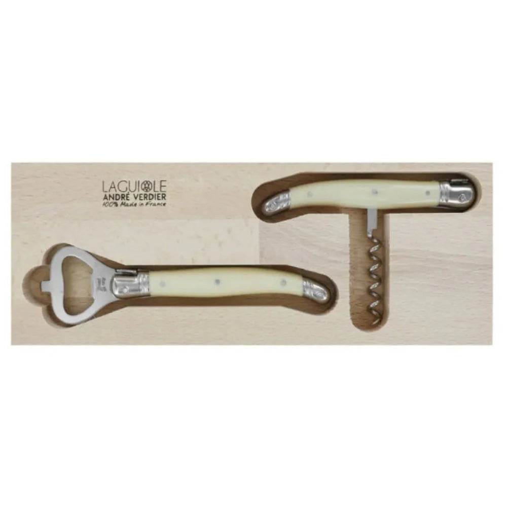 Two bottle openers with wooden handles in a packaging box.