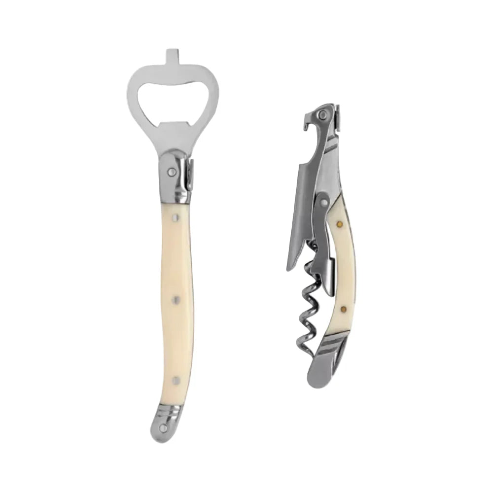 Set of bottle opener and corkscrew with beige handles on a white background