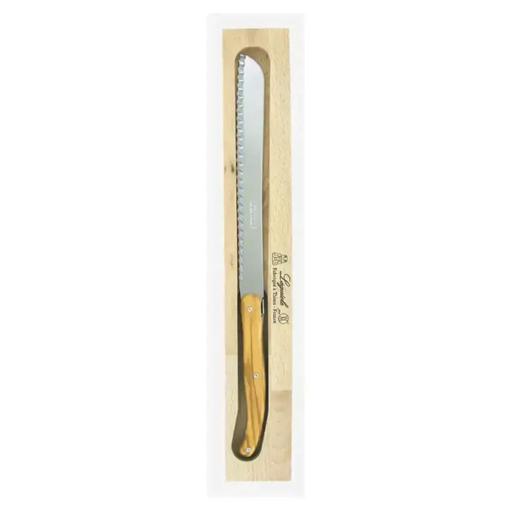 Serrated knife with wooden handle in a white box on a white background