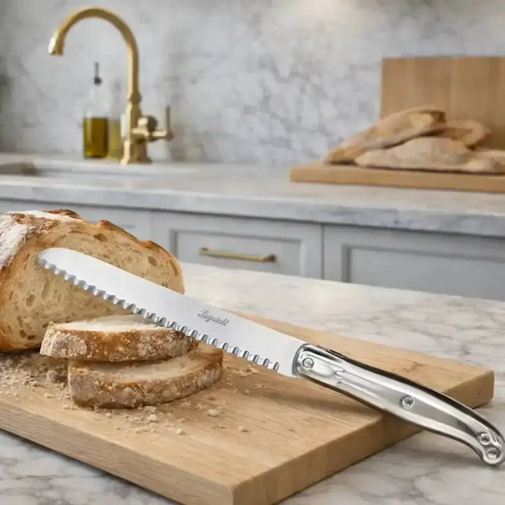 Bread knife on a wooden cutting board with sliced bread in a kitchen setting