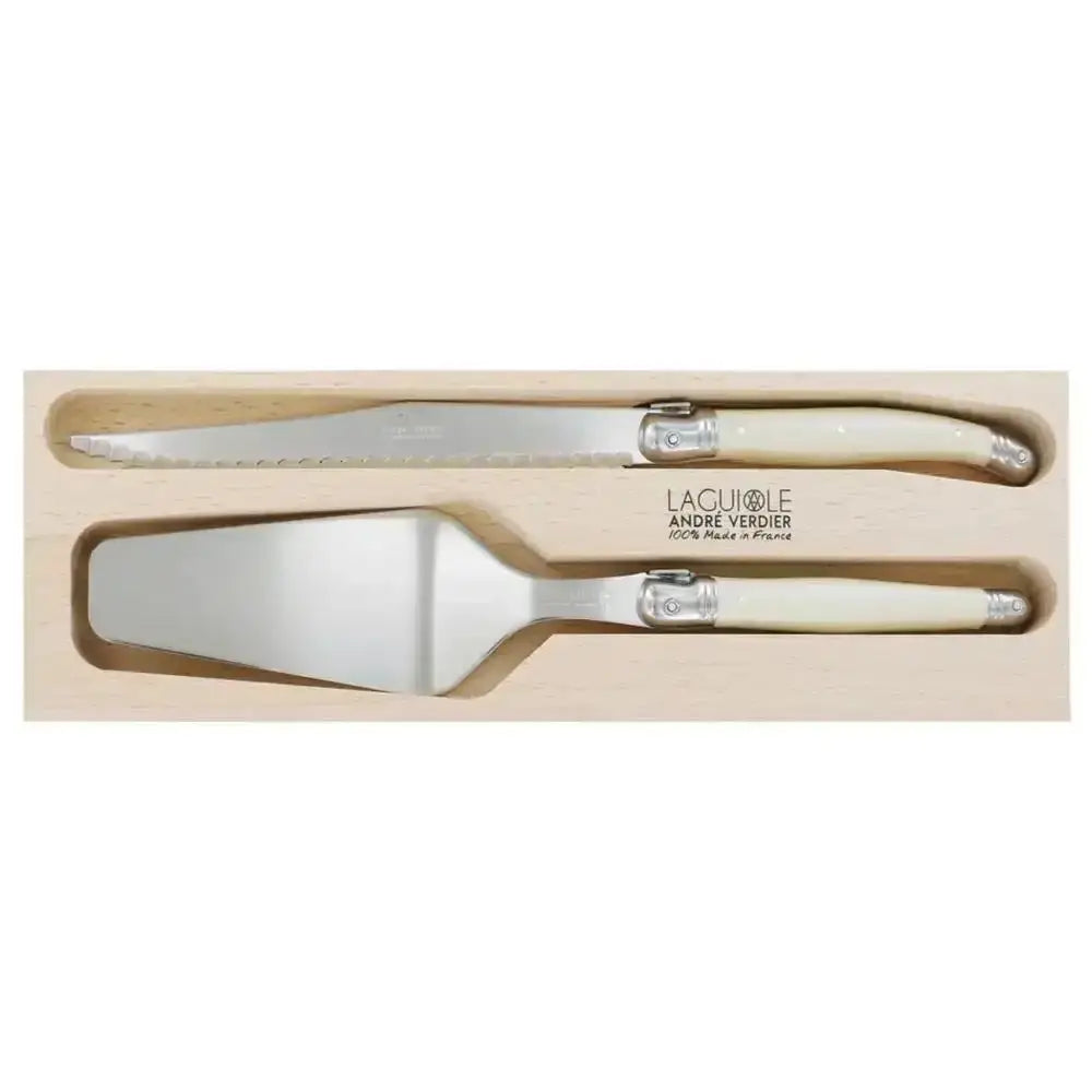 Two silver knives with beige handles in a wooden box, featuring the 'Laguiole' brand.