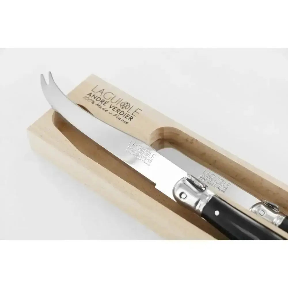 Cheese knife with wooden handle and Lacoue Andre Perdier branding on a white background