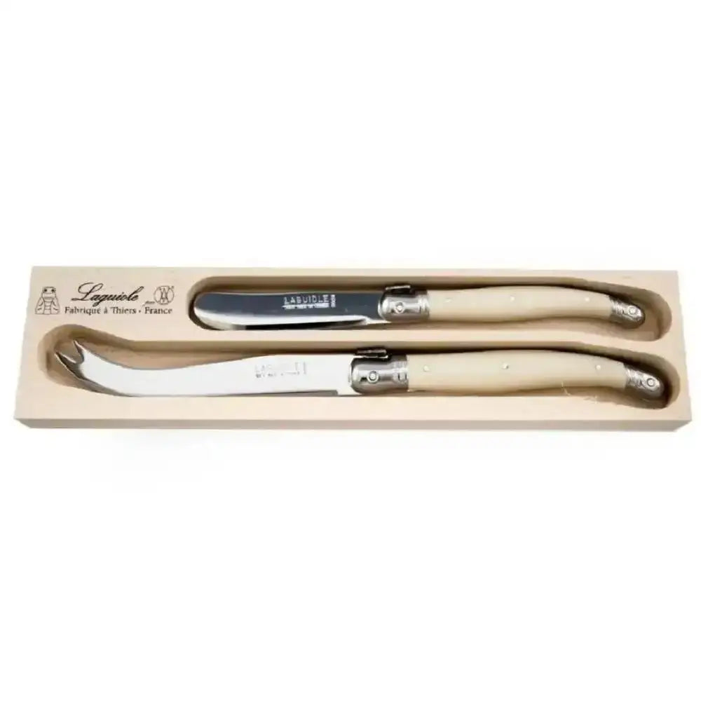 Set of three cheese knives in a wooden box with Laguiole branding.