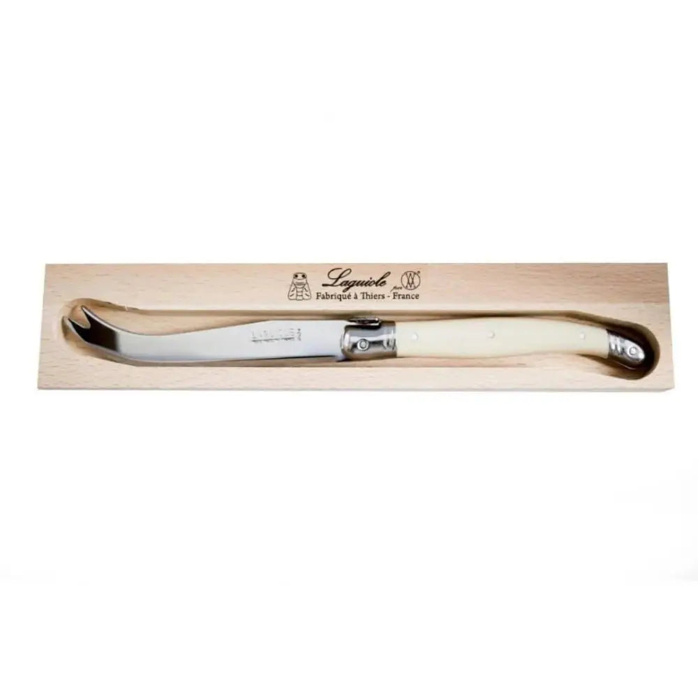 Cheese knife with wooden handle in a box on a white background