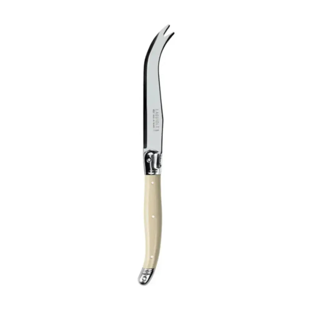 Butterfly knife with cream handle and silver blade on a white background