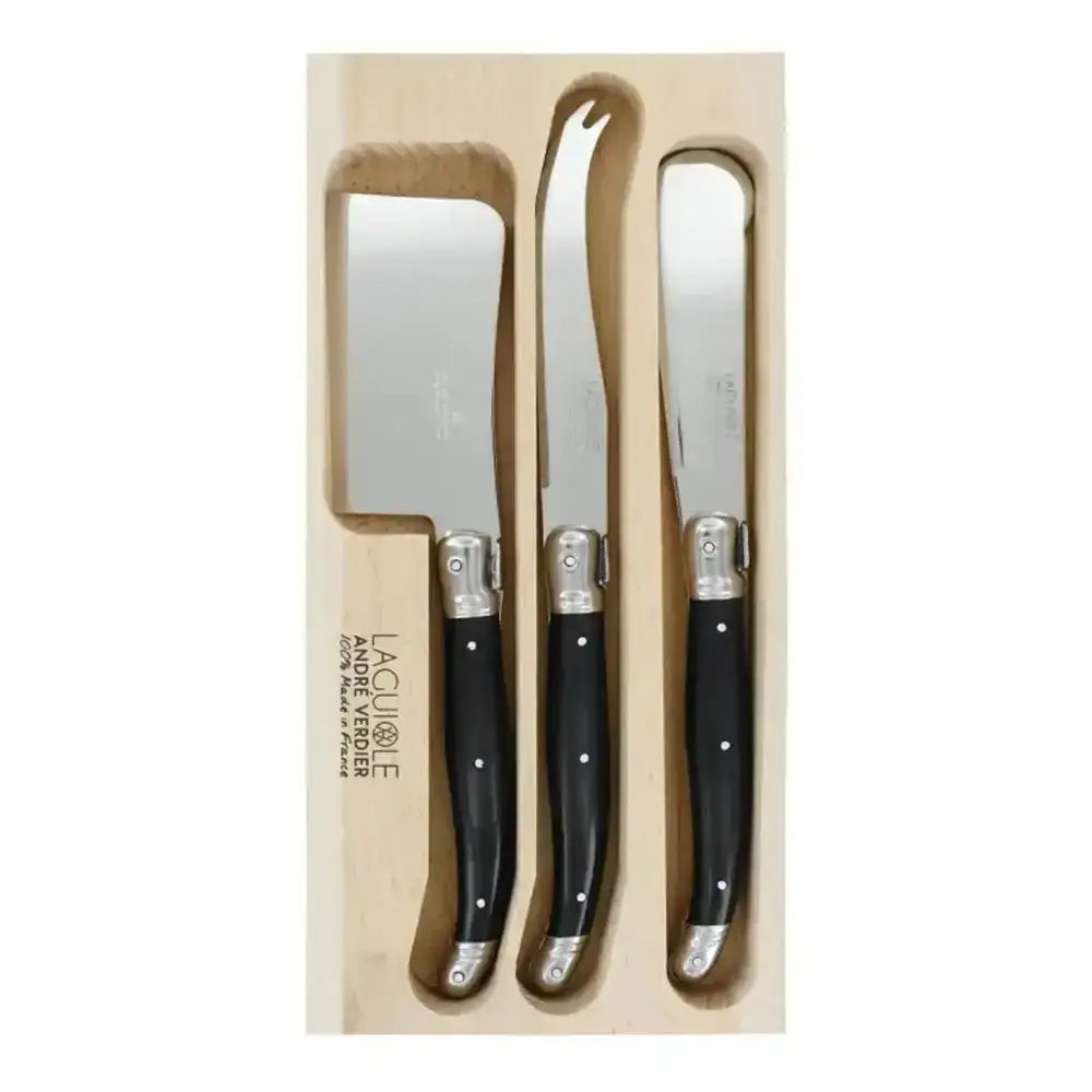 Set of three cheese knives with black handles in a wooden box, featuring the Laguiole brand.