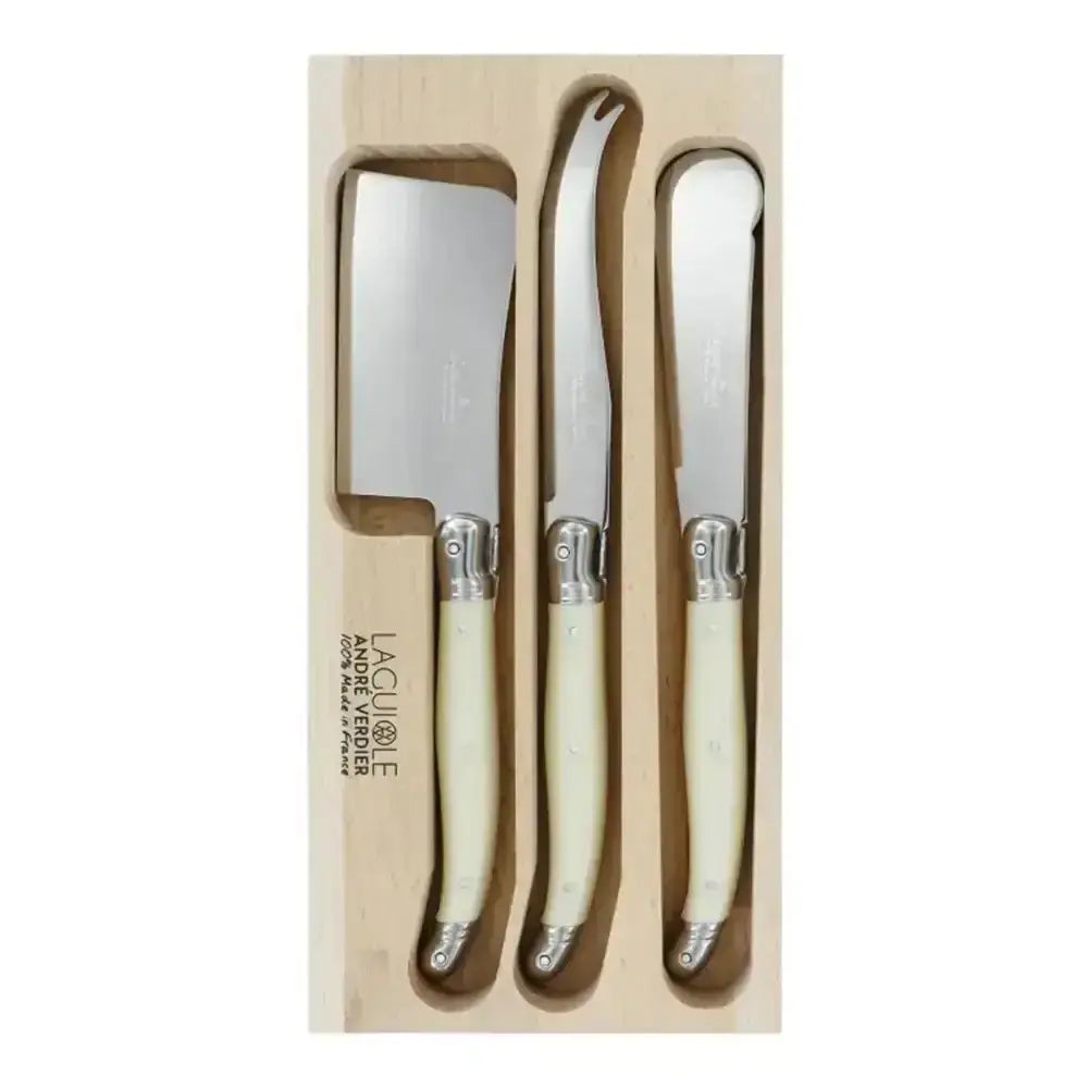 Set of three cheese knives with ivory handles in a wooden box, featuring the 'La Cuisinière' brand.