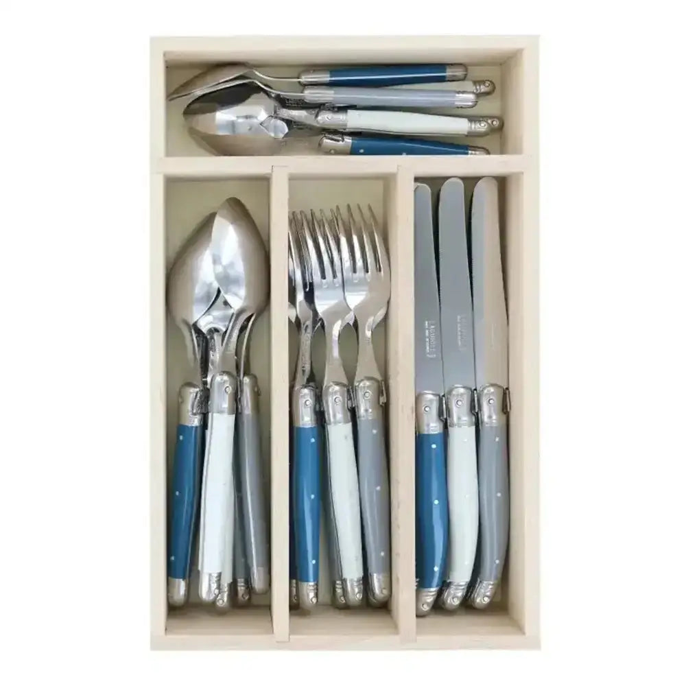 Set of cutlery with blue handles in a wooden drawer organizer.