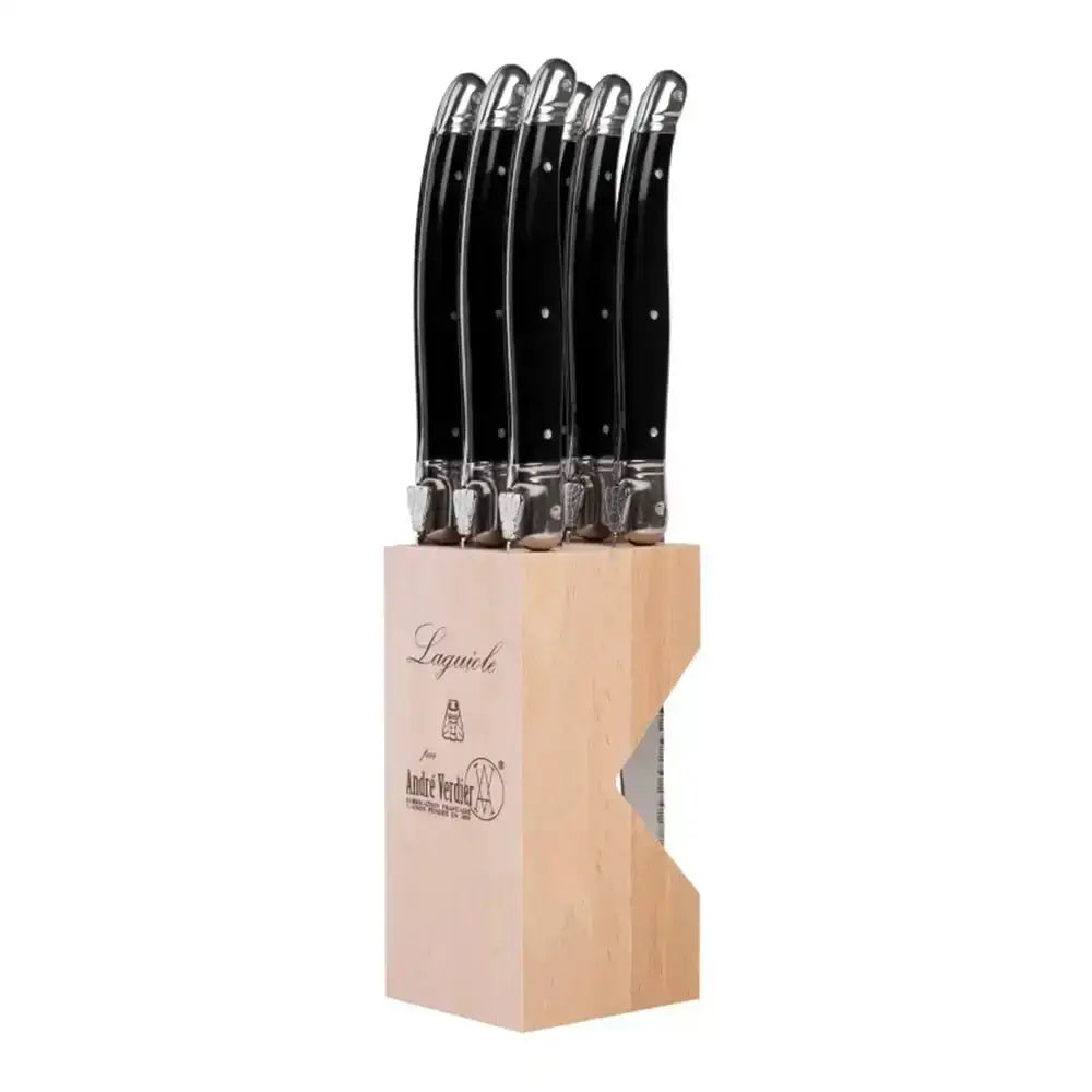 Set of knives with black handles in a wooden block on a white background