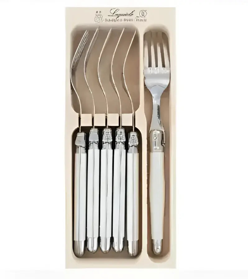 Set of six elegant white-handled table forks with silver tines neatly arranged in a Laguiole Andre Verdier wooden box