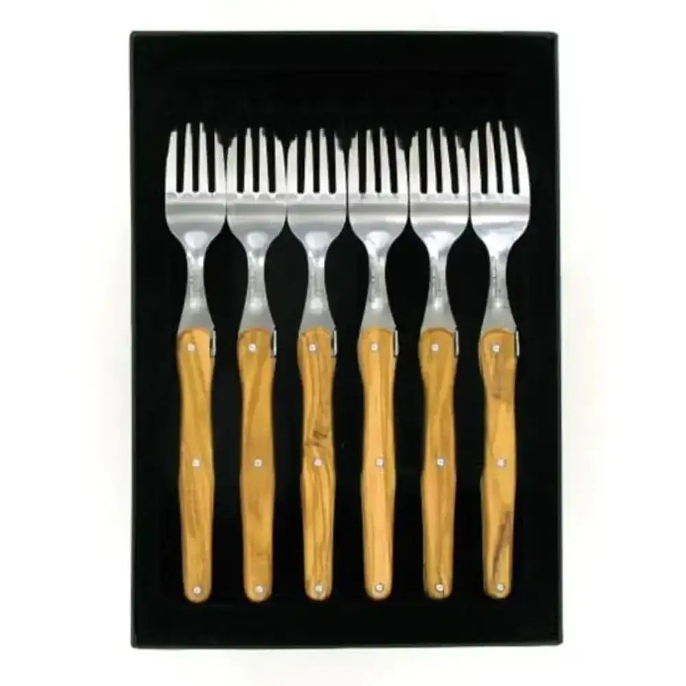 Set of six forks with wooden handles in a black box