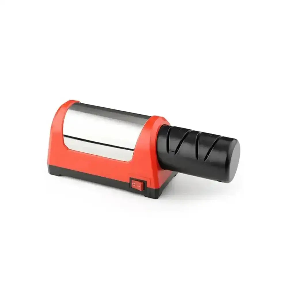 Knife sharpener with red and black design on a white background