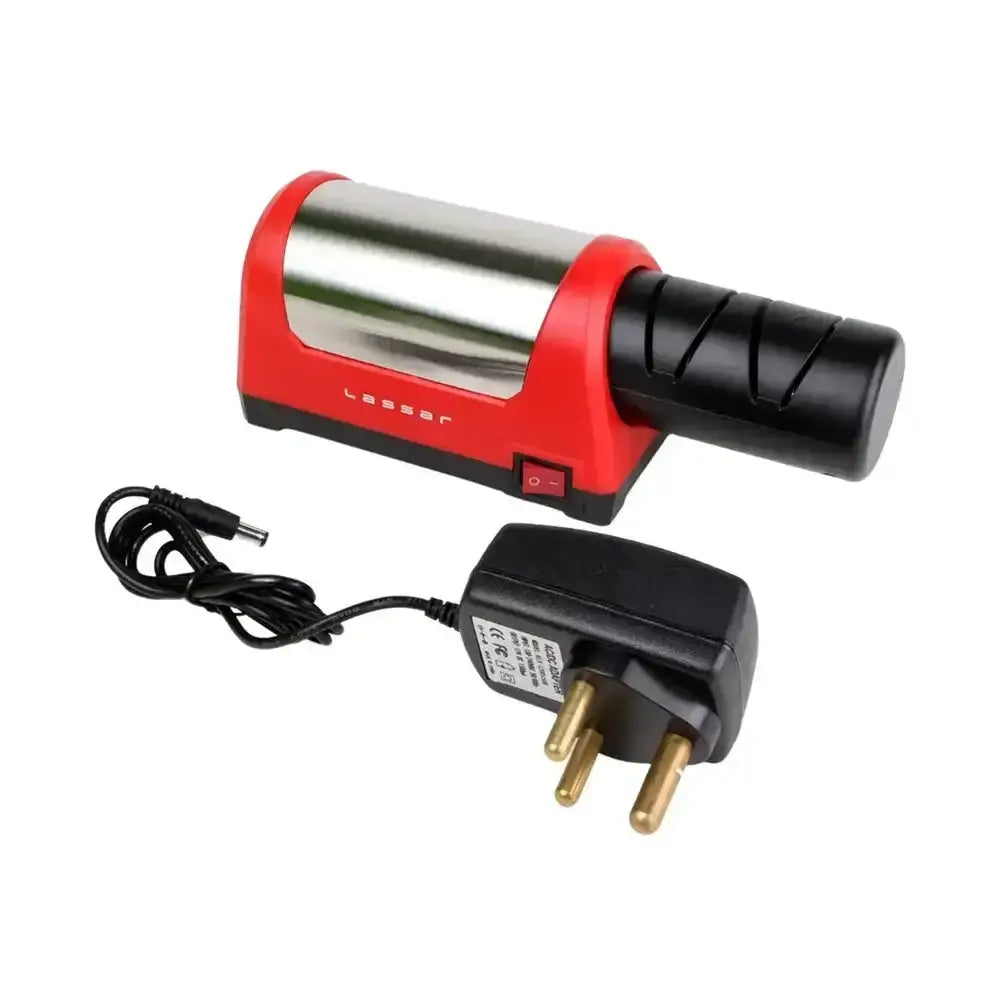 Handheld tool with red and black design, power cord, and plug on a white background