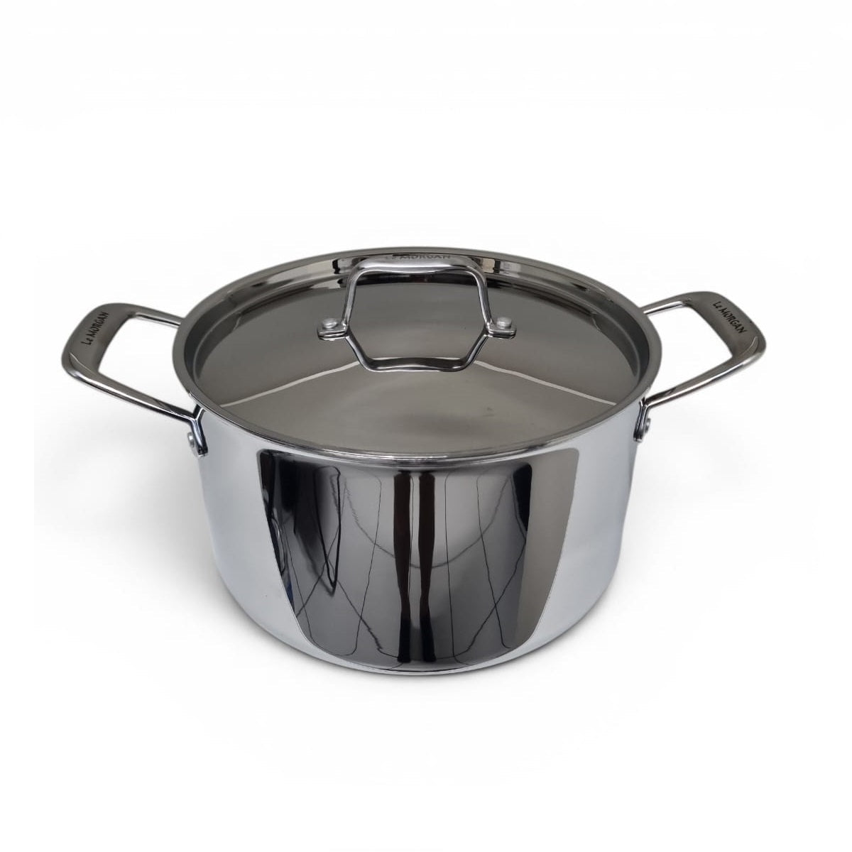 Stainless steel pot with lid on a white background