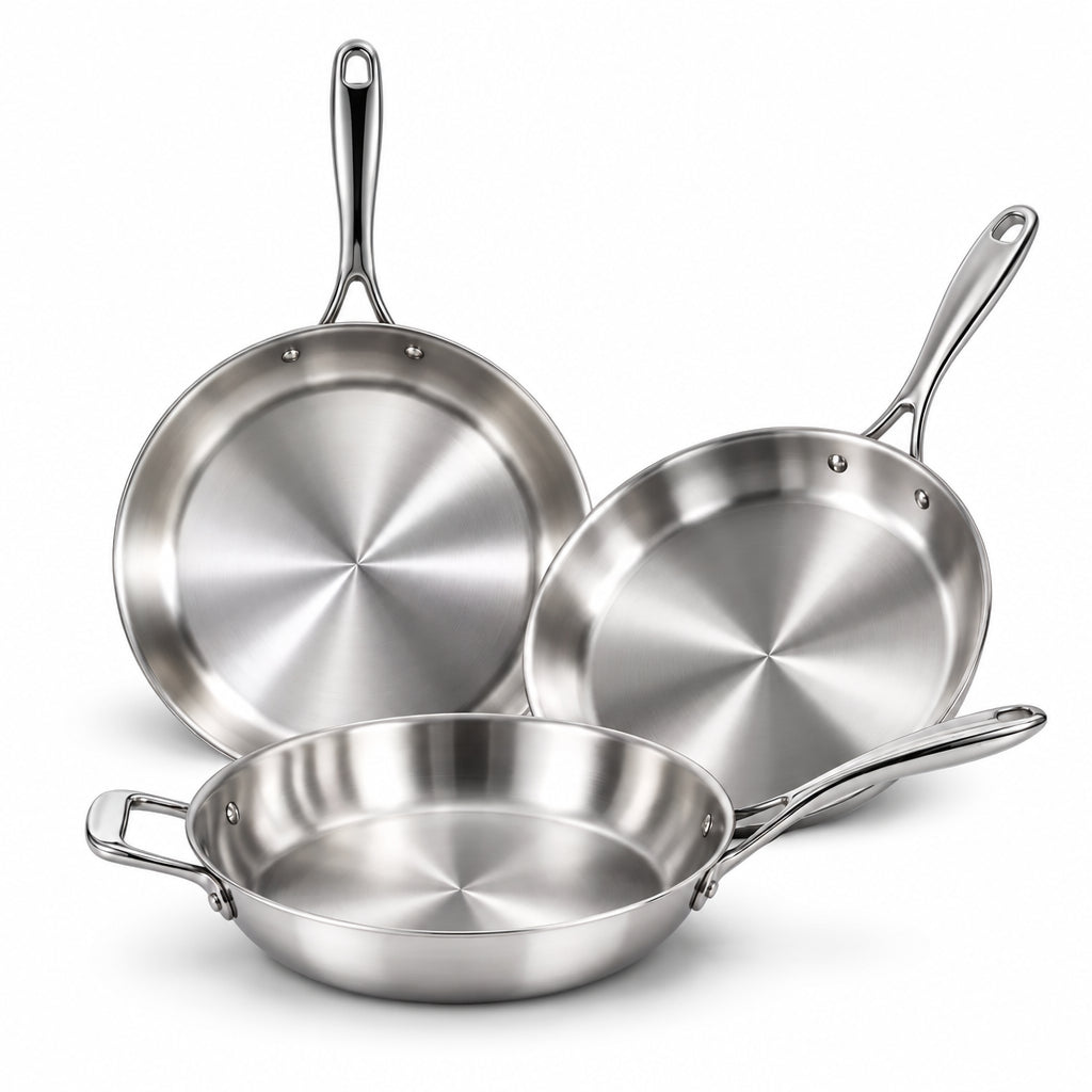 Le Morgan 3ply stainless steel frying pan set on a white background