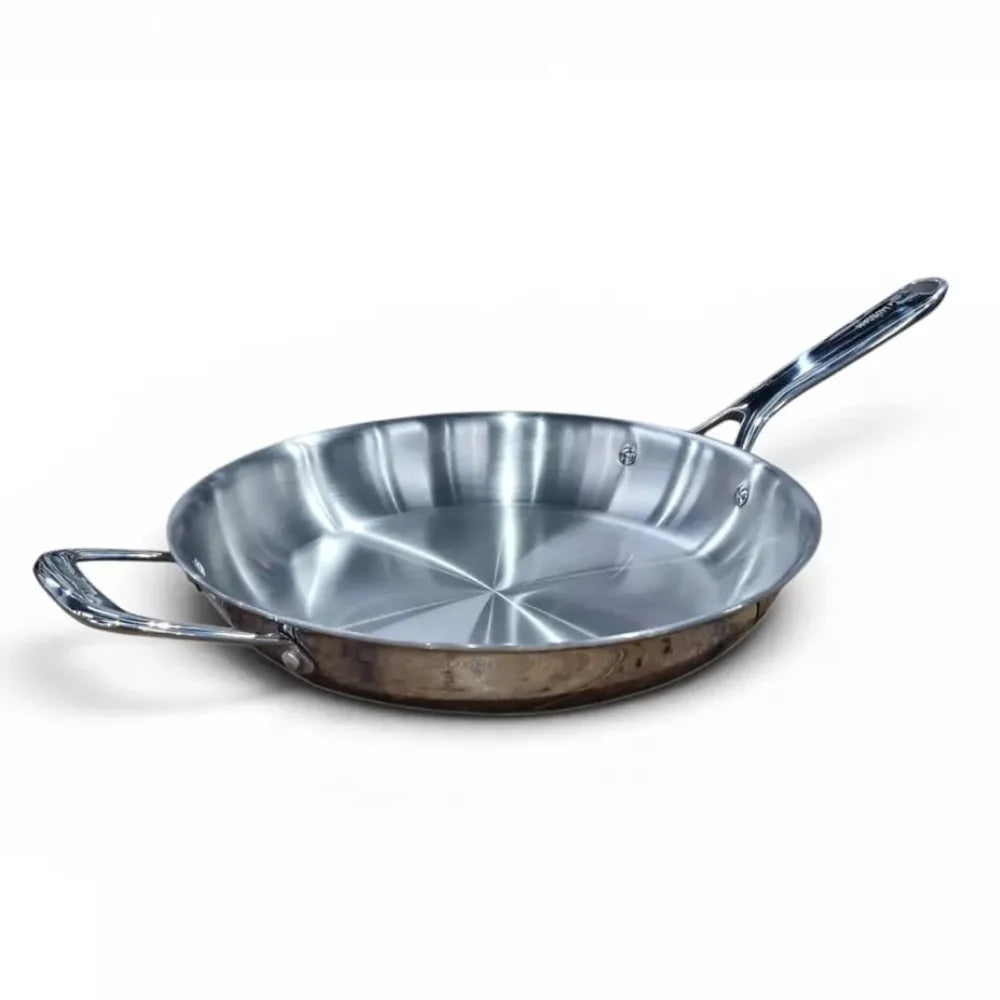 stainless steel frying pan on white background