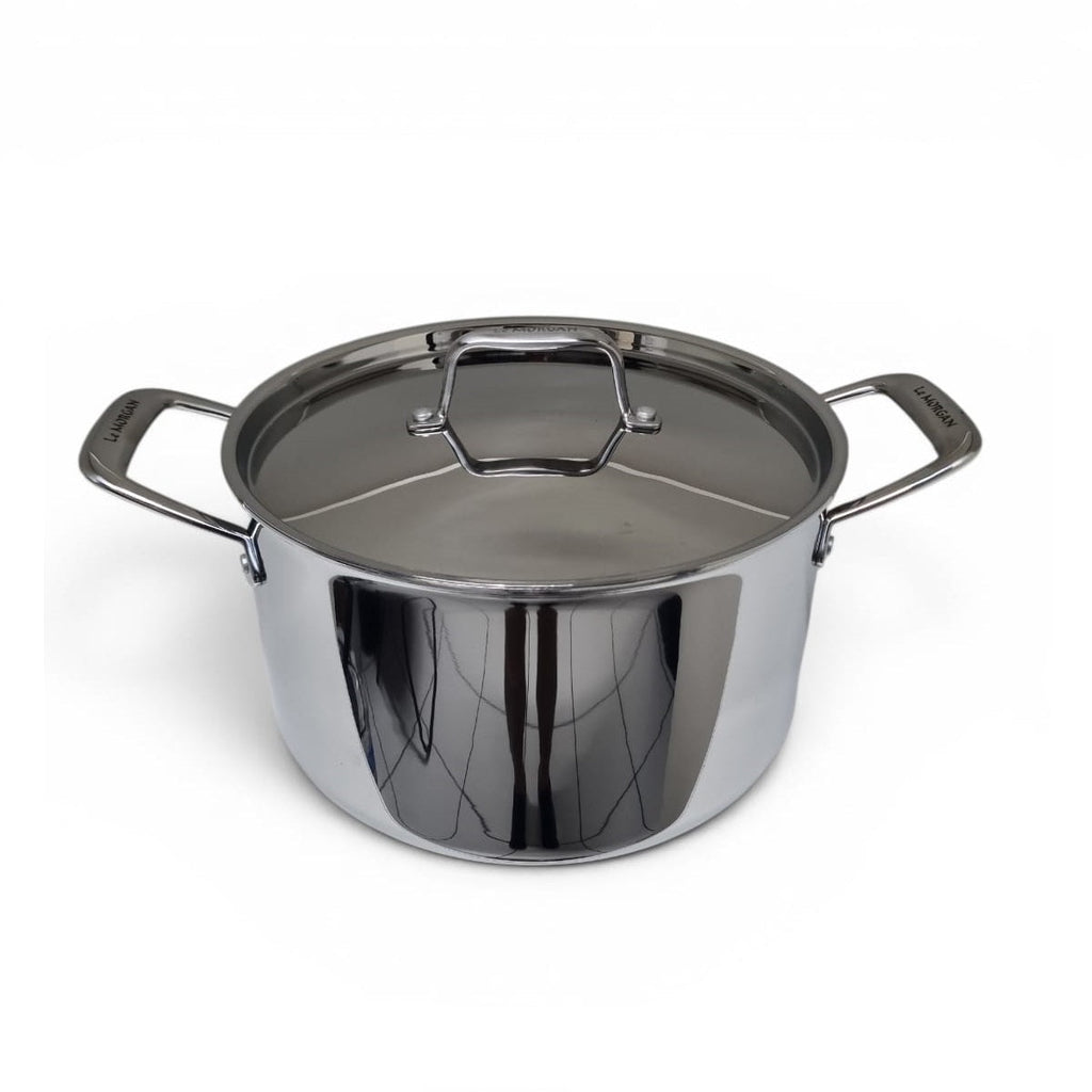 Stainless steel pot with lid on a white background