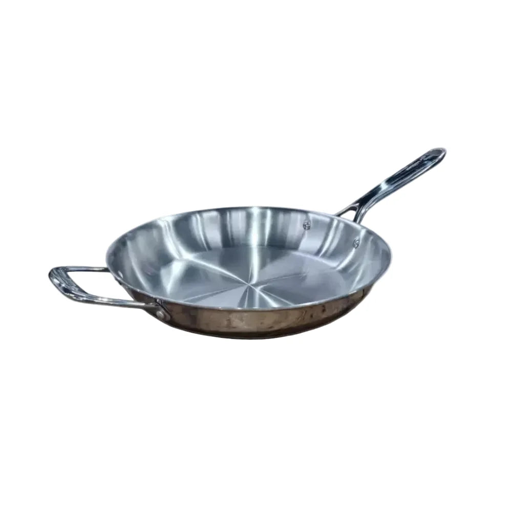 stainless steel frying pan on white background