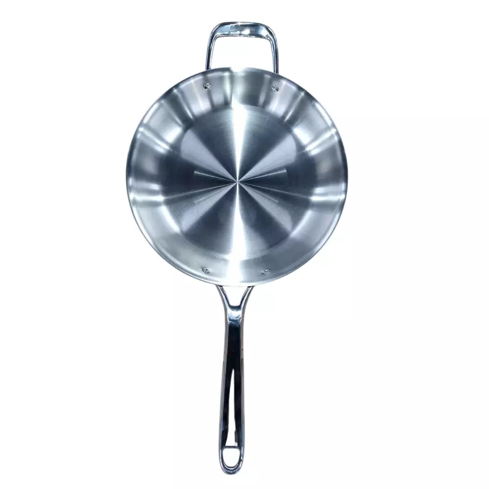 Stainless steel frying pan on a white background