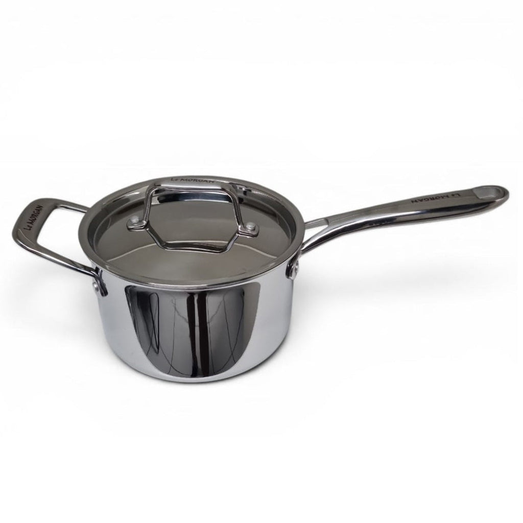 Stainless steel saucepan with lid on a white background