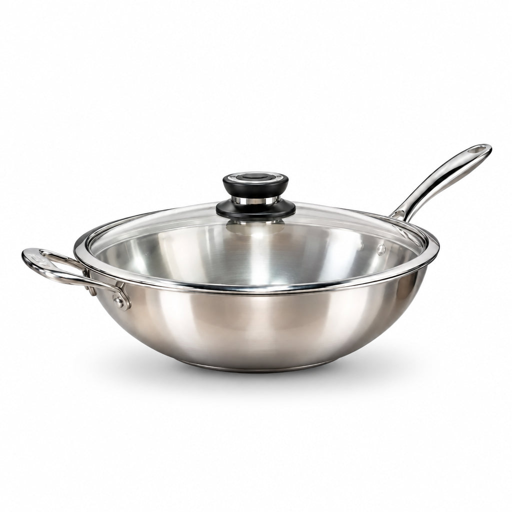 Le Morgan 3ply stainless steel wok with lid on a white background