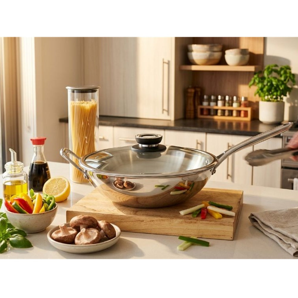 Stainless steel wok on a kitchen counter with ingredients and a blurred background