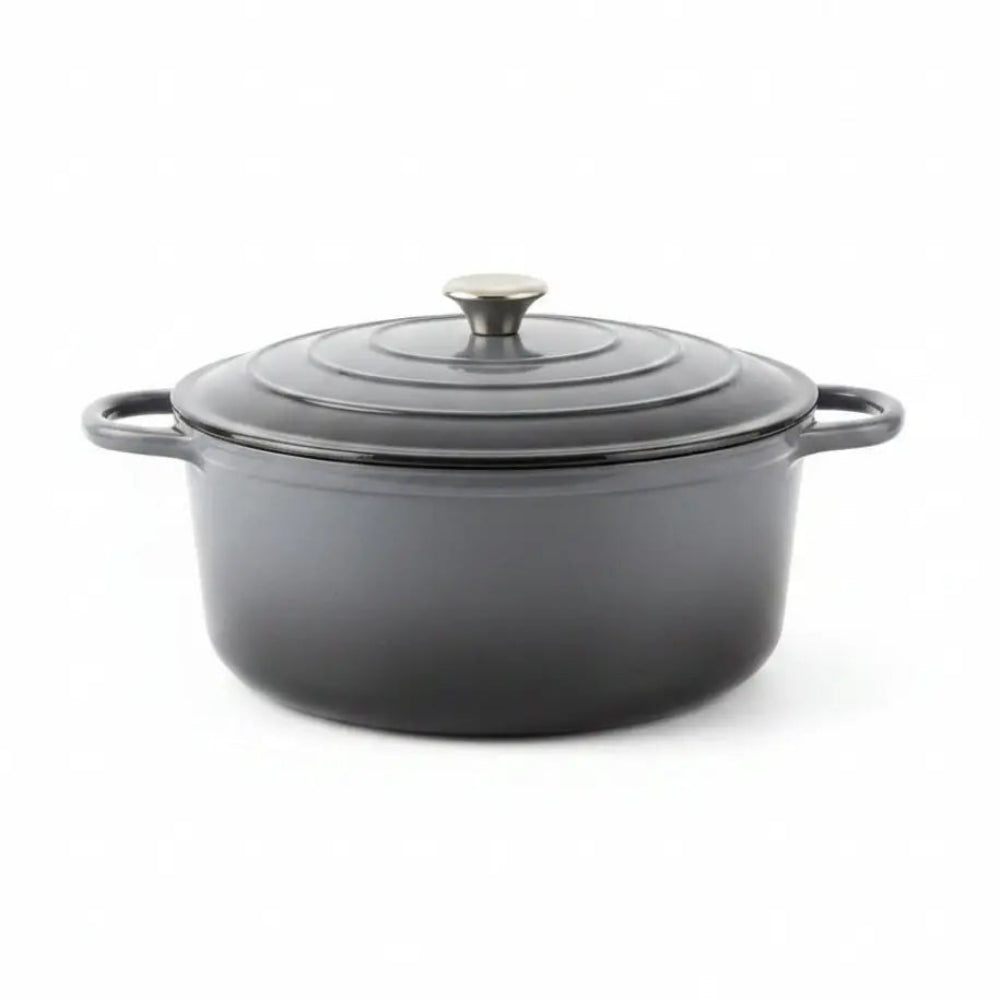 Gray casserole pot with lid on a white background