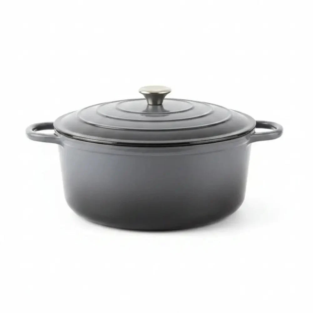Gray casserole pot with lid on a white background
