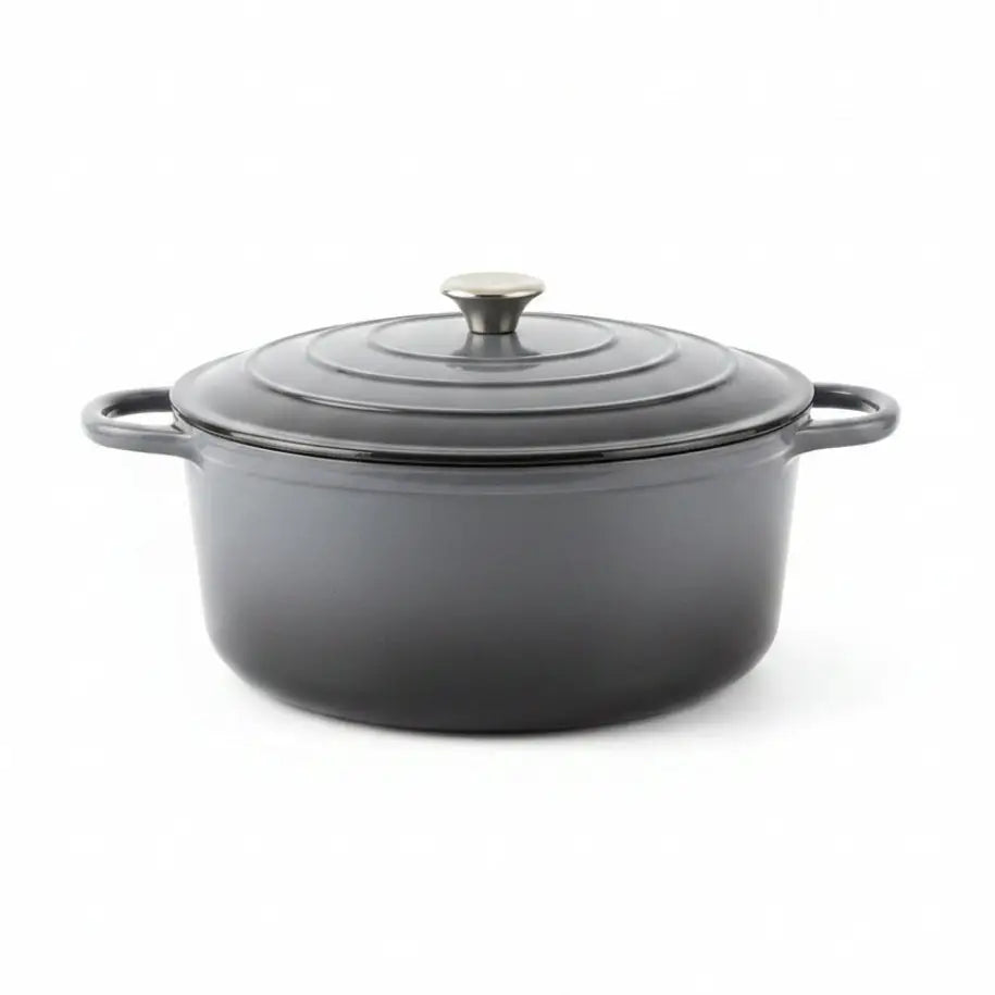 Gray enameled cast iron Dutch oven with lid on a white background