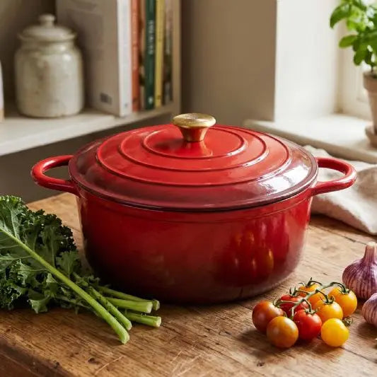 Red enameled cast iron Dutch oven on a wooden surface with vegetables