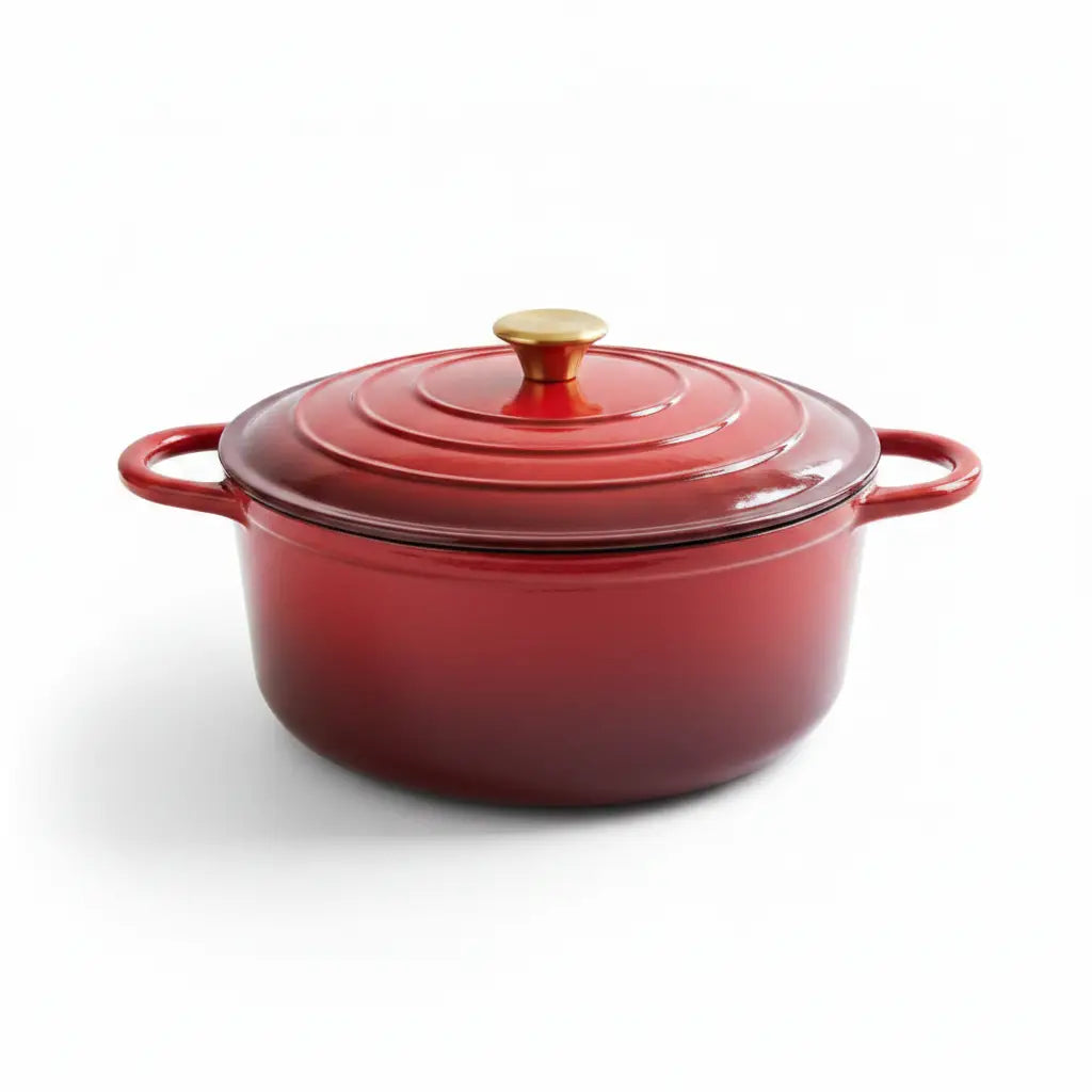Red enameled cast iron Dutch oven with a lid on a white background