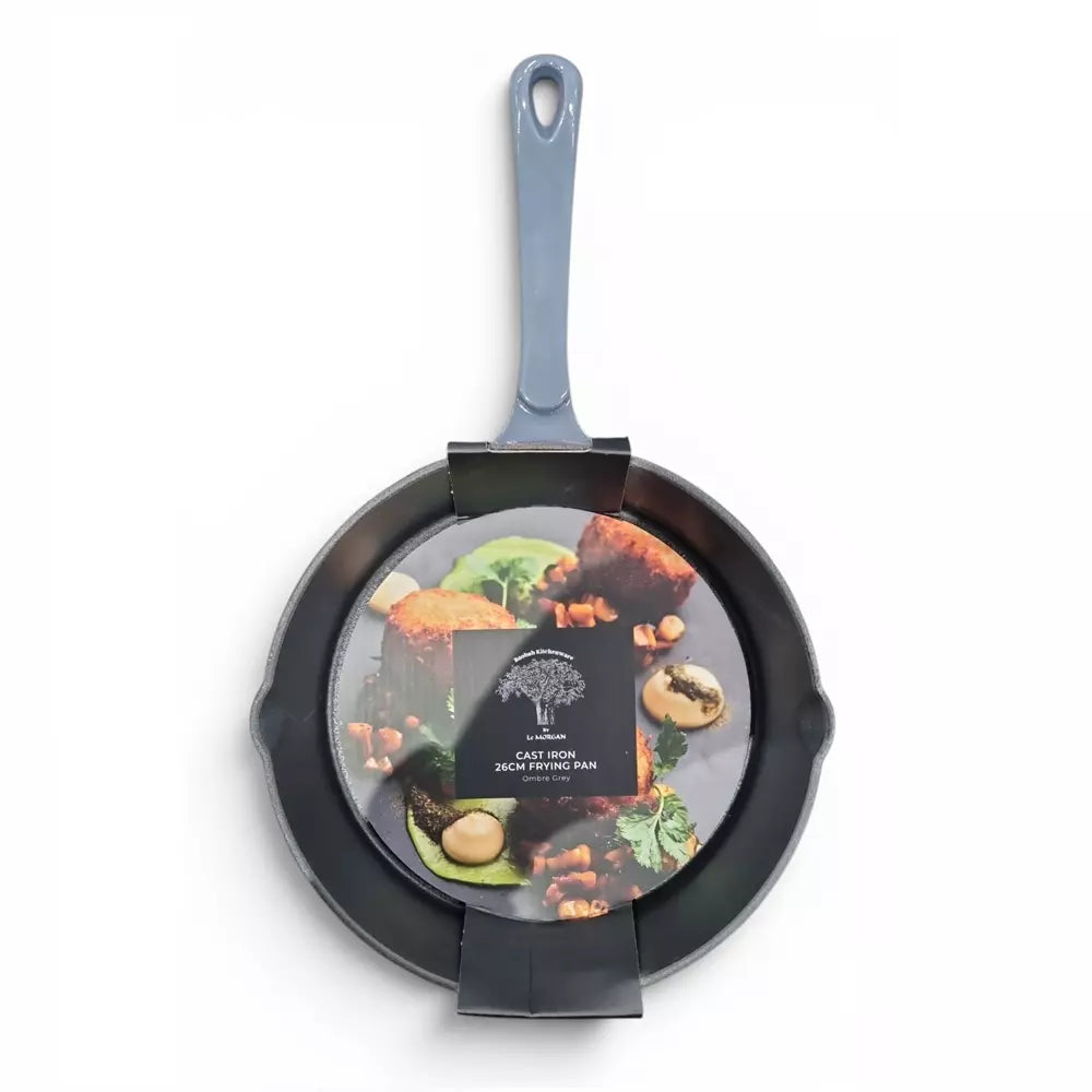 Grey frying pan with a grey handle on a white background