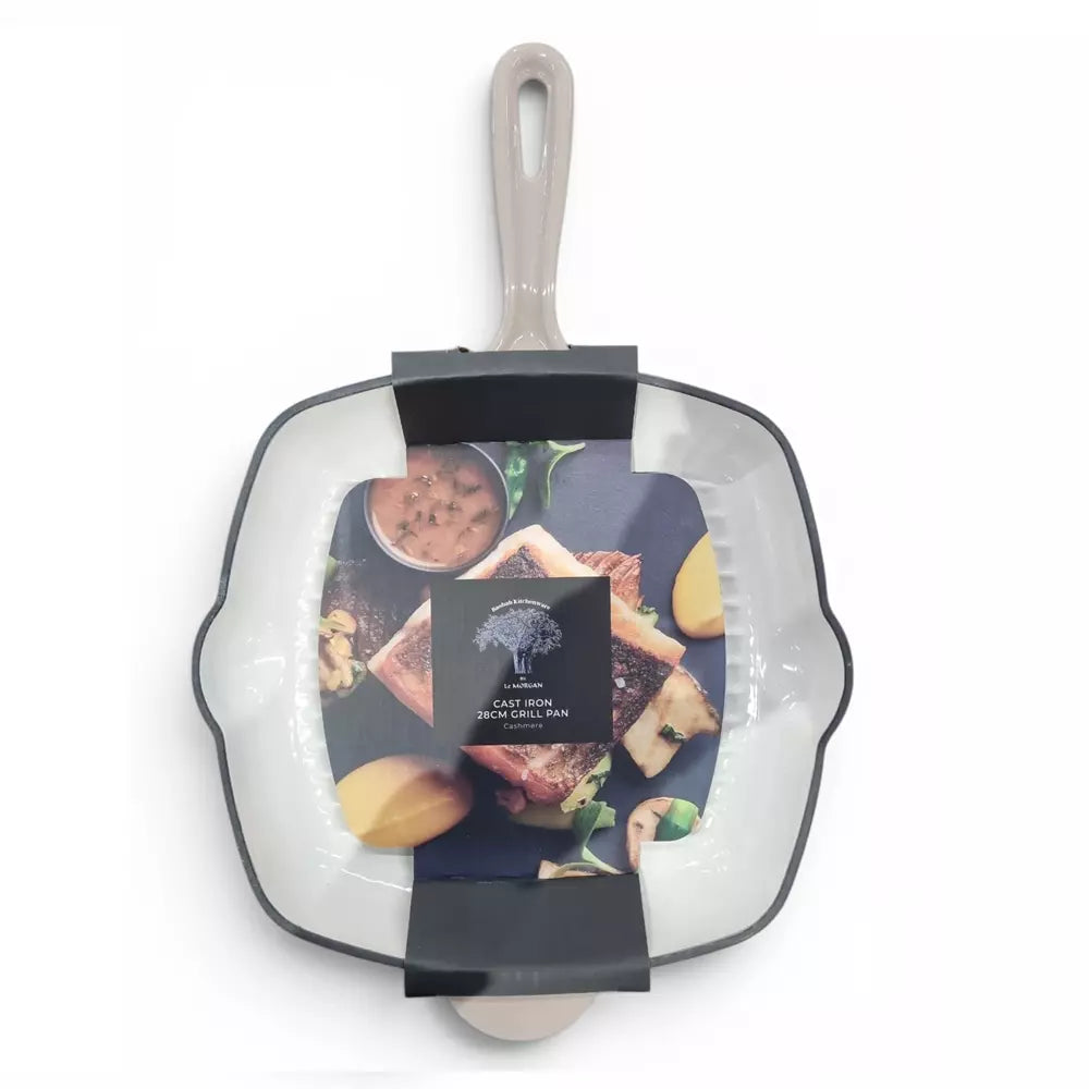 Square cast iron skillet with a handle on a white background