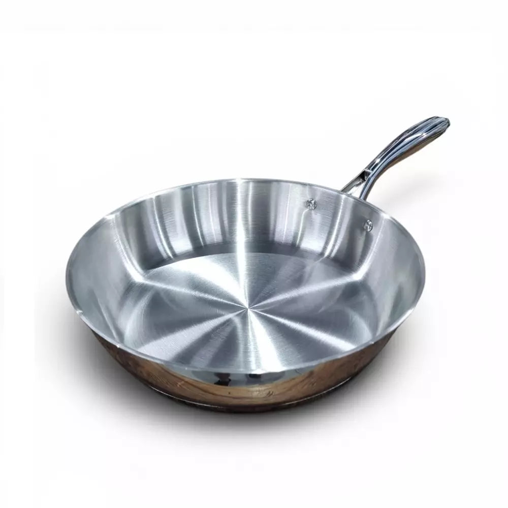 Stainless steel frying pan on a white background