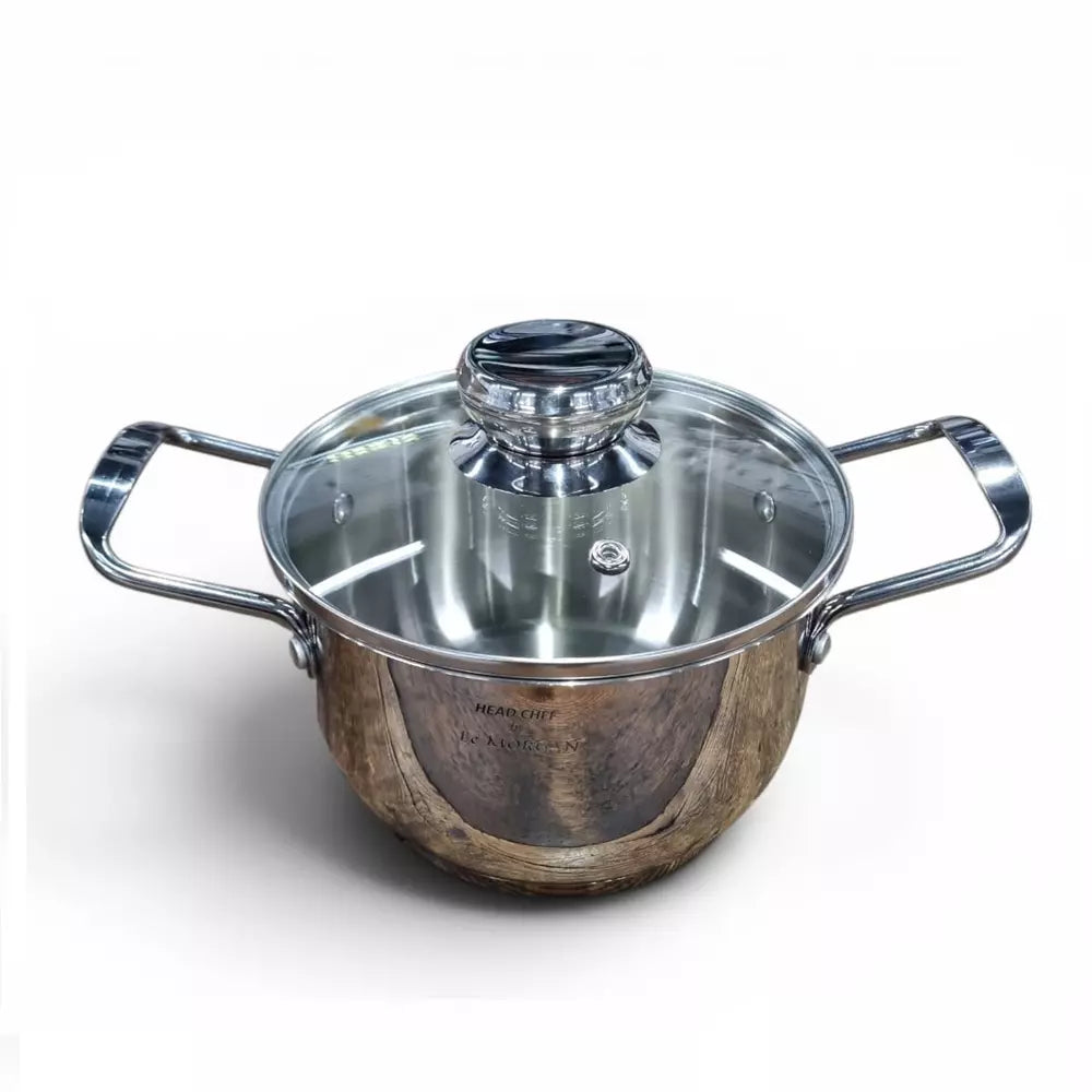 Stainless steel pot with a glass lid on a white background