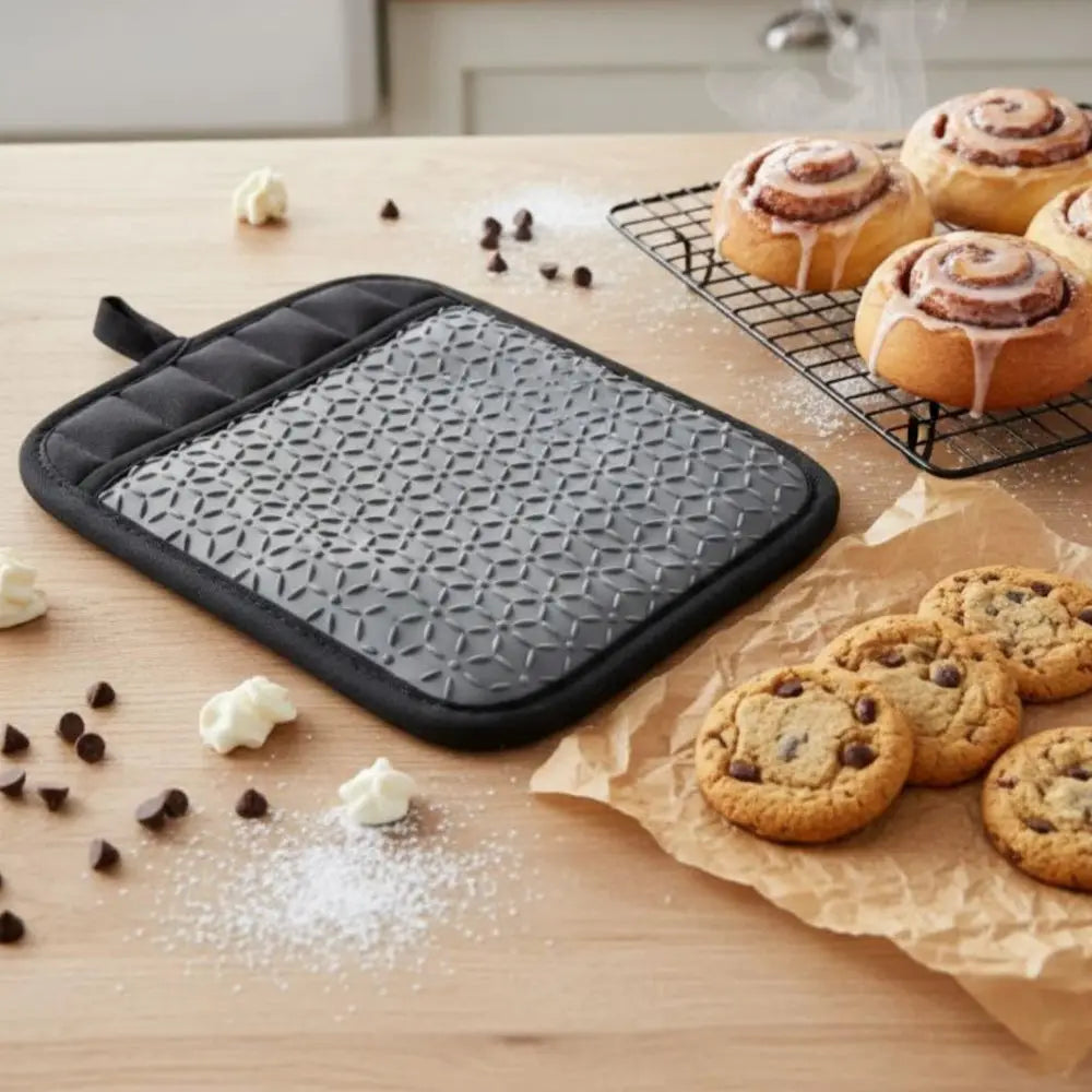 Pot holder on a kitchen table with baked goods