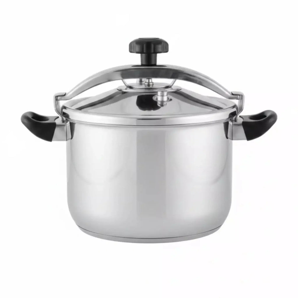 Stainless Steel pressure cooker with side handles on a white background