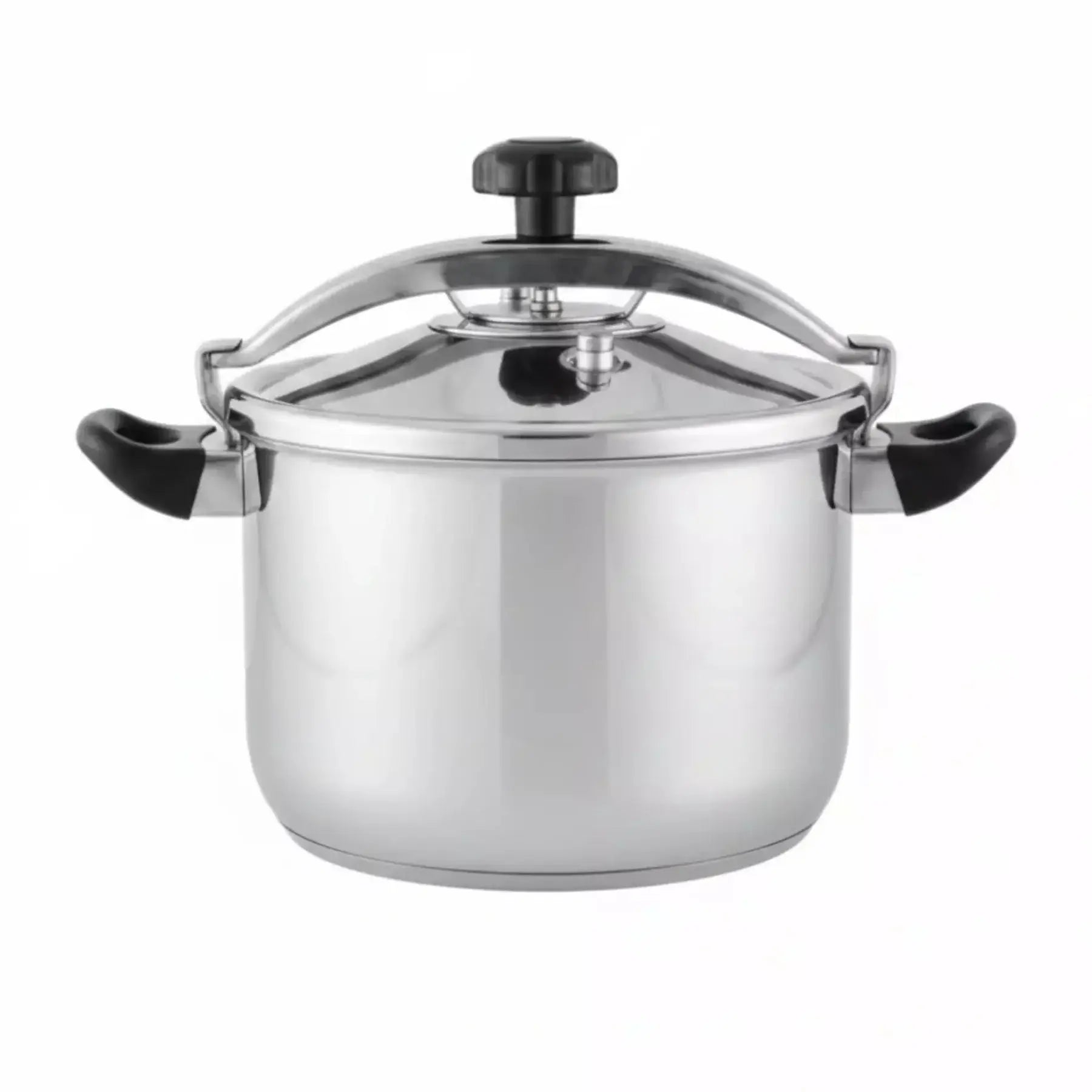 Stainless Steel pressure cooker with side handles on a white background