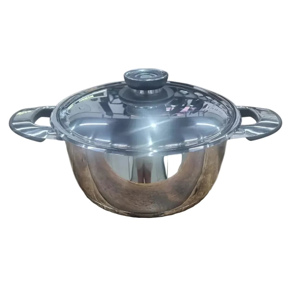 Stainless steel pot with a glass lid on a white background