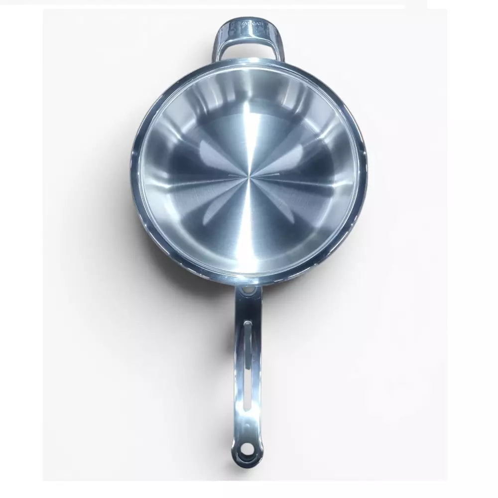 Stainless steel frying pan on a white background