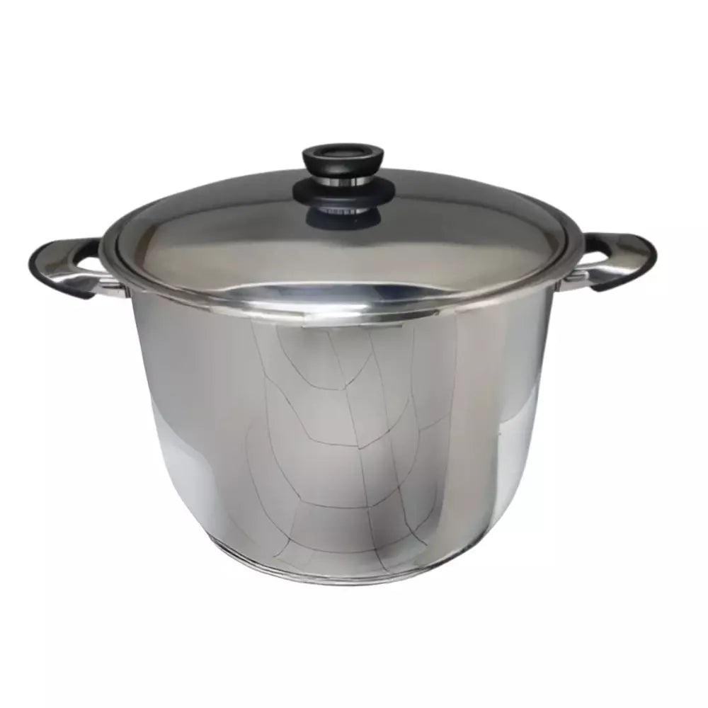 Stainless steel pot with a black lid handle on a white background