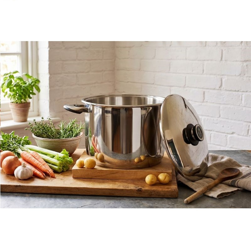 Stainless steel pot on a wooden cutting board, with vegetables on a kitchen counter