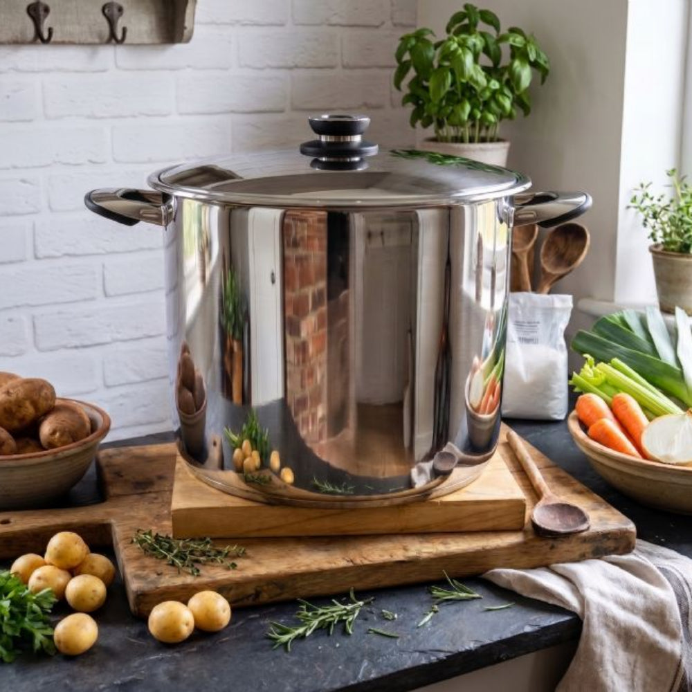 Stainless steel stock pot on a counter top surrounded by vegetables.